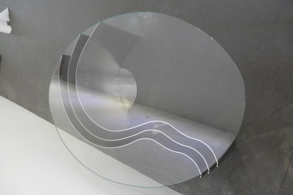 table de sejour ovale thematique Elephants d'Afrique en inox et verre